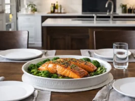 Mesa elegante servida para dos en una cocina luminosa, con platos vacíos y una fuente central con salmón al horno recién preparado listo para compartir.