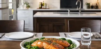 Mesa elegante servida para dos en una cocina luminosa, con platos vacíos y una fuente central con salmón al horno recién preparado listo para compartir.