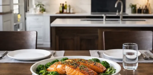 Mesa elegante servida para dos en una cocina luminosa, con platos vacíos y una fuente central con salmón al horno recién preparado listo para compartir.