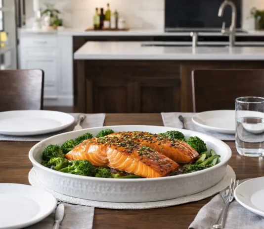Mesa elegante servida para dos en una cocina luminosa, con platos vacíos y una fuente central con salmón al horno recién preparado listo para compartir.