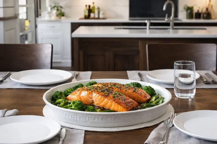 salmon-glaseado Mesa elegante servida para dos en una cocina luminosa, con platos vacíos y una fuente central con salmón al horno recién preparado listo para compartir.