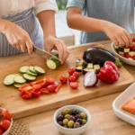 Manos de una cocinera y un niño preparando salmón al horno con calabacín, berenjena, pimiento rojo, cebolla y tomates cherry.