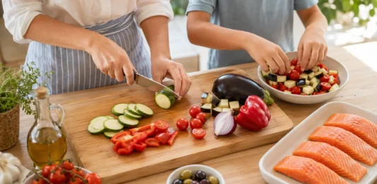 Manos de una cocinera y un niño preparando salmón al horno con calabacín, berenjena, pimiento rojo, cebolla y tomates cherry.