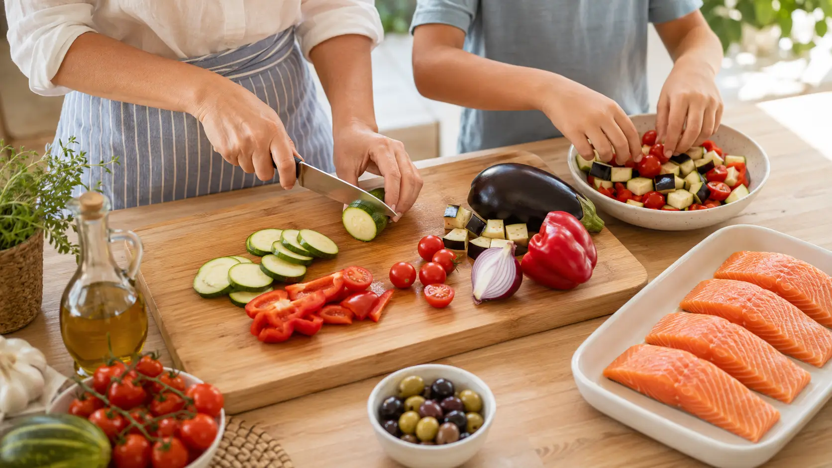 Manos de una cocinera y un niño preparando salmón al horno con calabacín, berenjena, pimiento rojo, cebolla y tomates cherry.