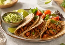 Tortillas integrales crujientes con cerdo especiado y guacamole casero adaptadas para personas con diabetes