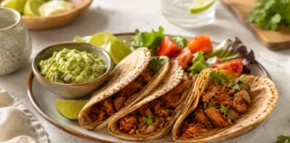 Tortillas integrales crujientes con cerdo especiado y guacamole casero adaptadas para personas con diabetes