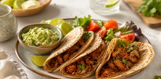 Tortillas integrales crujientes con cerdo especiado y guacamole casero adaptadas para personas con diabetes