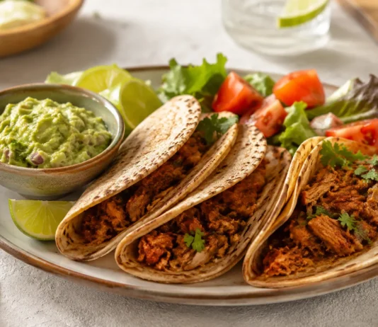 Tortillas integrales crujientes con cerdo especiado y guacamole casero adaptadas para personas con diabetes