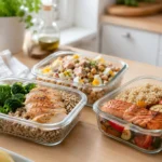 Tres tuppers equilibrados para diabetes con quinoa, garbanzos y arroz integral preparados para comer fuera de casa.