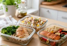 Tres tuppers equilibrados para diabetes con quinoa, garbanzos y arroz integral preparados para comer fuera de casa.