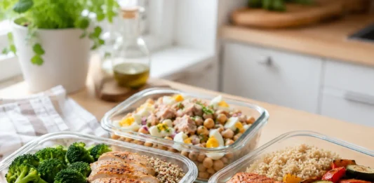 Tres tuppers equilibrados para diabetes con quinoa, garbanzos y arroz integral preparados para comer fuera de casa.