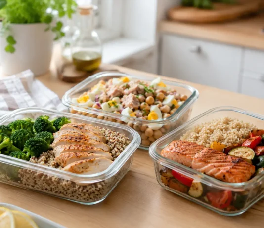 Tres tuppers equilibrados para diabetes con quinoa, garbanzos y arroz integral preparados para comer fuera de casa.