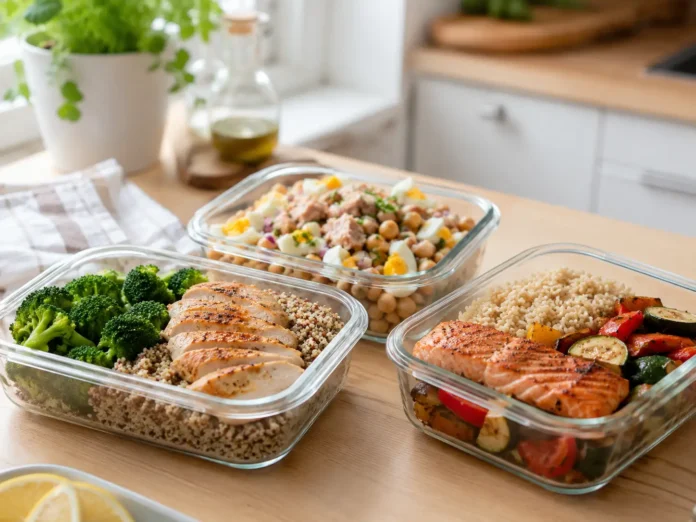 Tres tuppers equilibrados para diabetes con quinoa, garbanzos y arroz integral preparados para comer fuera de casa.